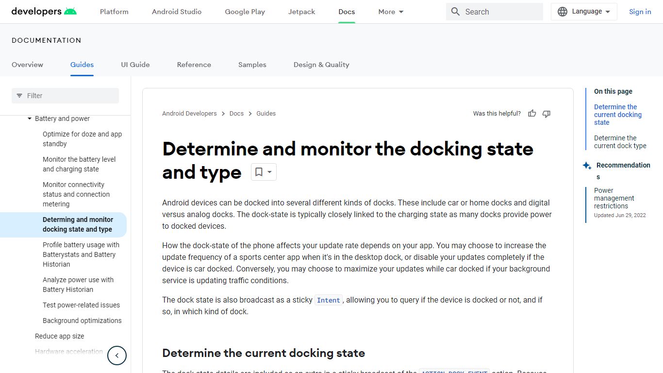 Determine and monitor the docking state and type - Android Developers